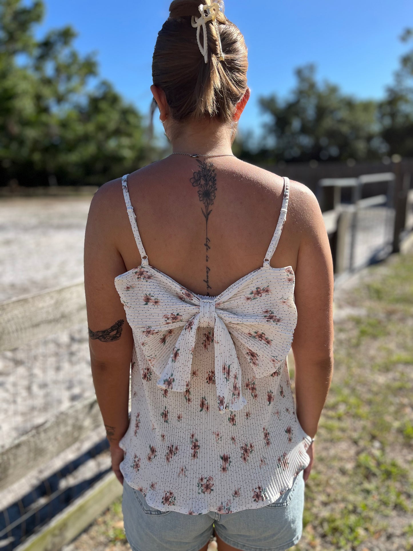 Floral Bow Back Pleated Summer Tank Top
