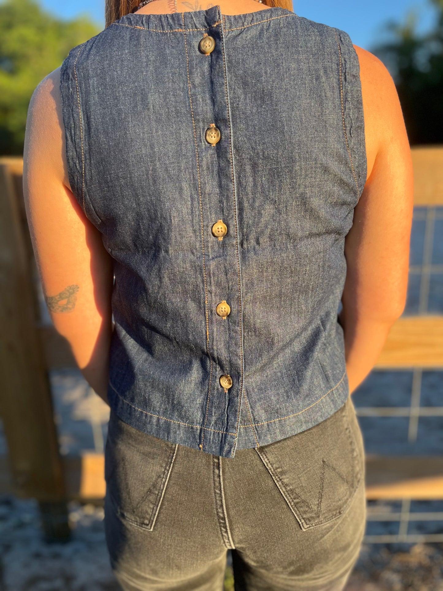Sleeveless Denim Tank w/ Back button detail