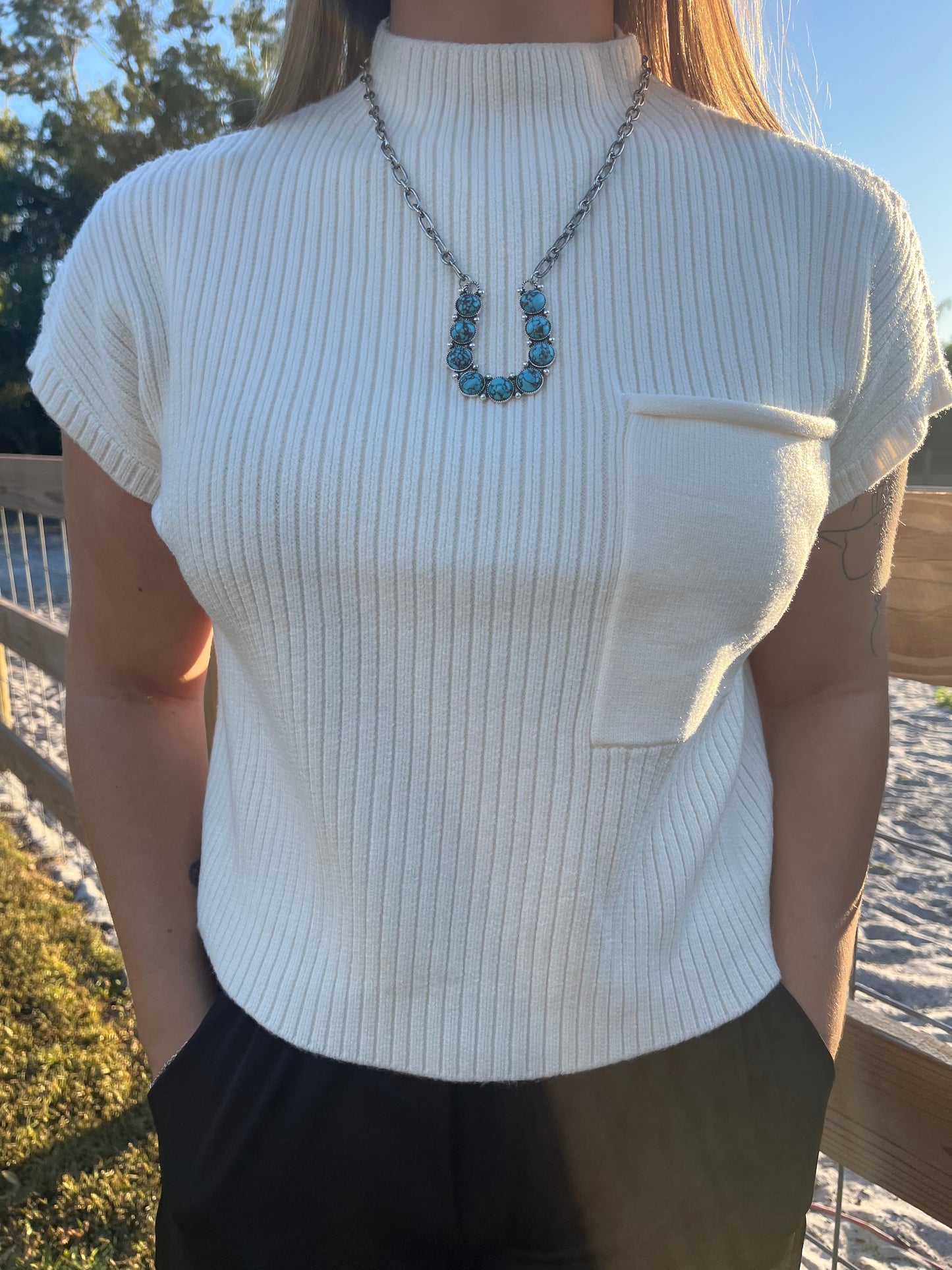 MOCK NECK POCKET DETAIL SHORT SLEEVE KNIT SWEATER
