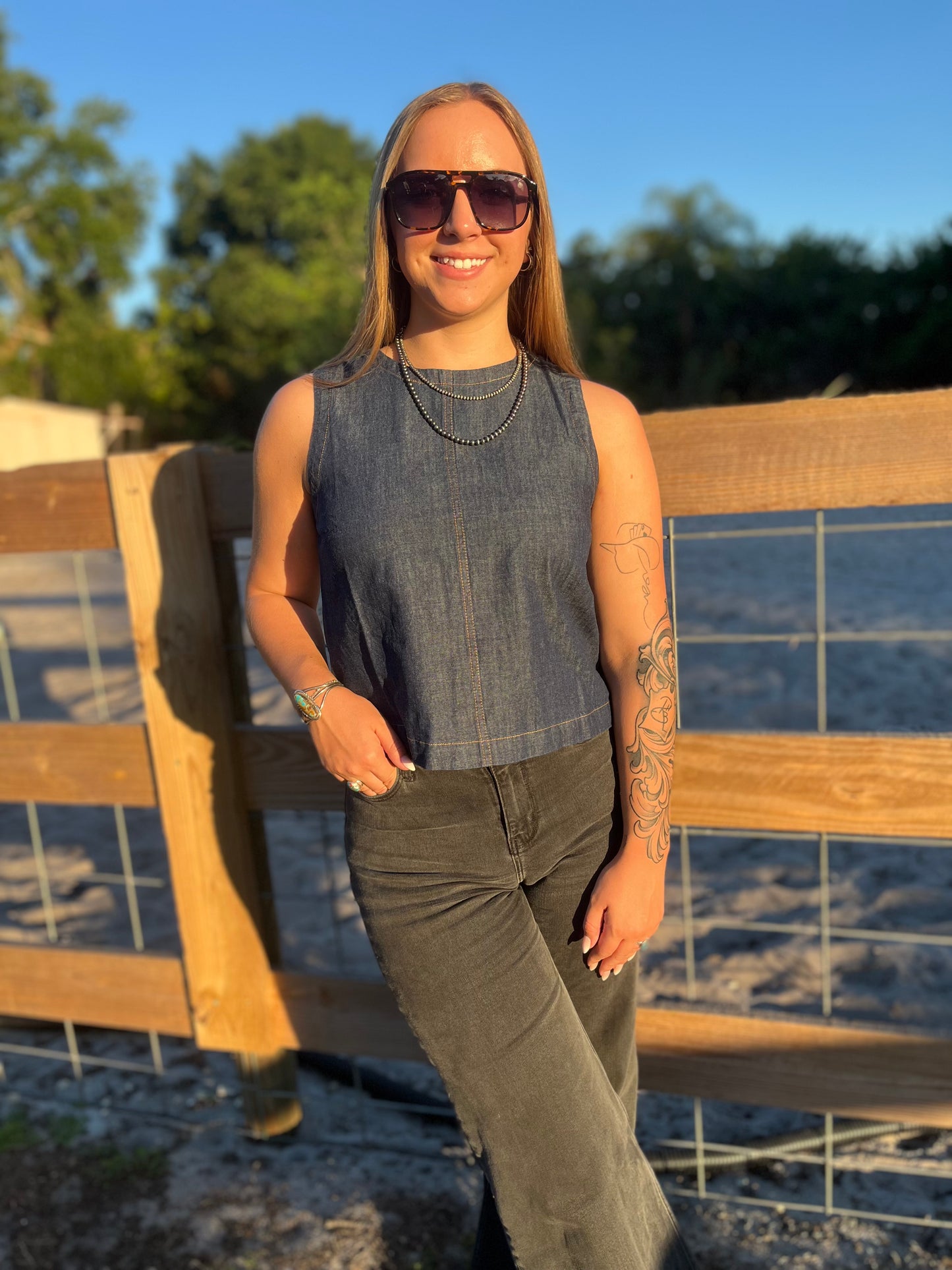 Sleeveless Denim Tank w/ Back button detail