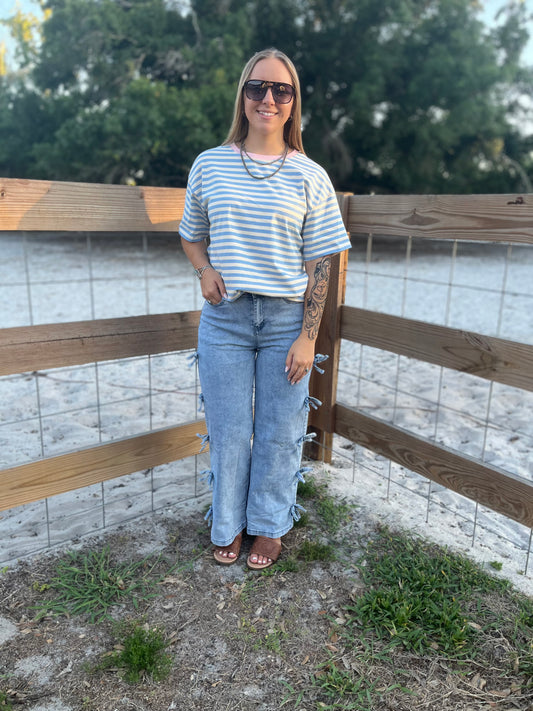 Stripe Contrast Crew Neck Drop Shoulder Loose Tee (S-4X)