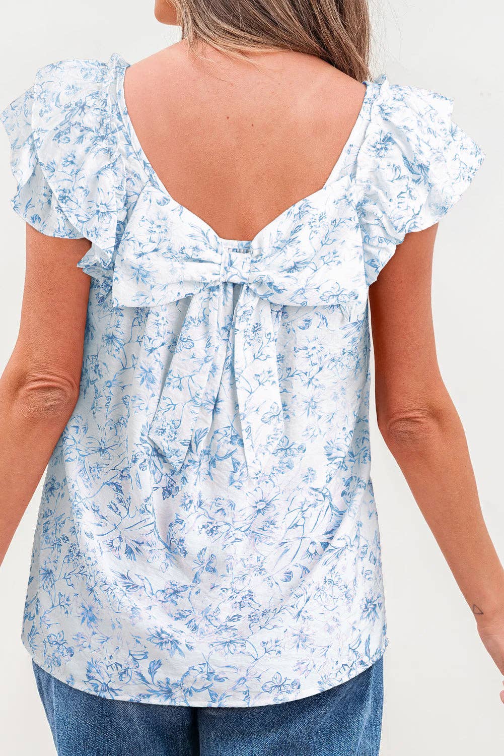 Floral Ruffle Bow Back Summer Blouse